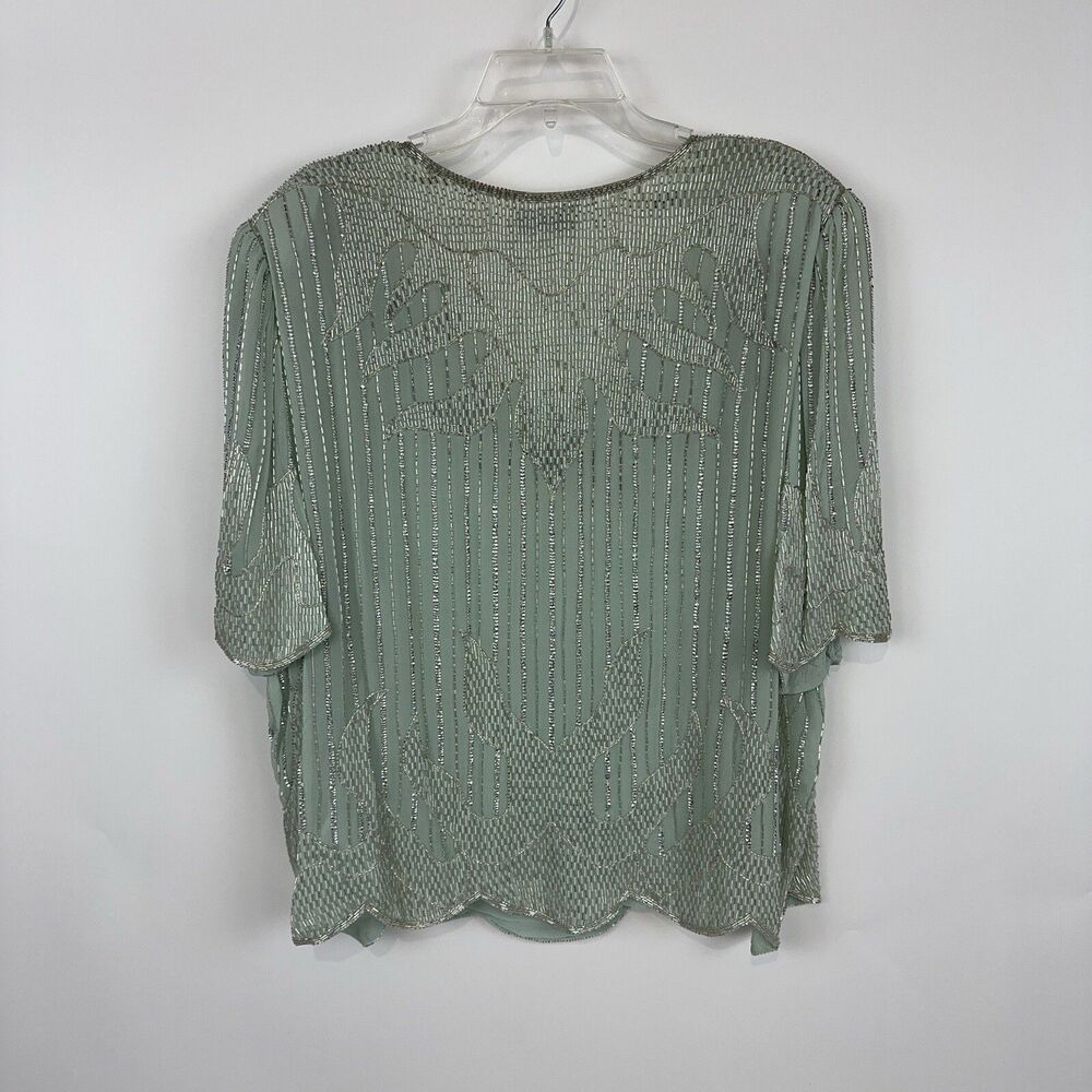 Judith Ann 2X Mint Green Silk Beaded Sequin Top Vintage 80s Glam Art Deco Blouse - Picture 4 of 10